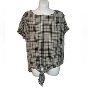 NSR Business Casual Black and White Plaid Short Sleeve Tie Blouse Size Small